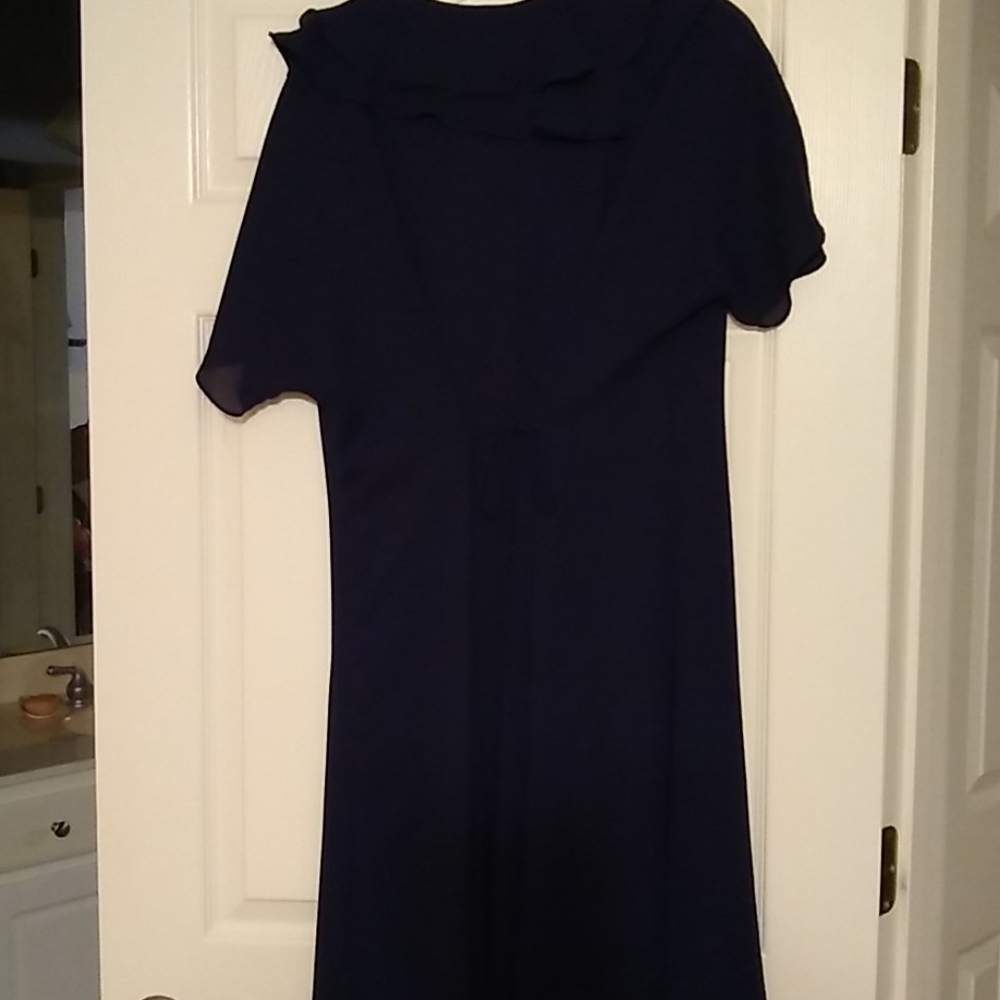 Chaus Navy button-down dress Short Sleeve tie in back Ruffle Summer Lightweight - Picture 13 of 16